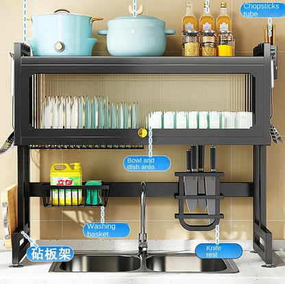 Organisateur de Cuisine en Acier Inoxydable au-Dessus de l'Évier avec Porte d'Armoire Escamotable