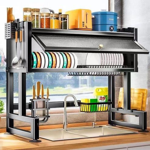 Organisateur de Cuisine en Acier Inoxydable au-Dessus de l'Évier avec Porte d'Armoire Escamotable