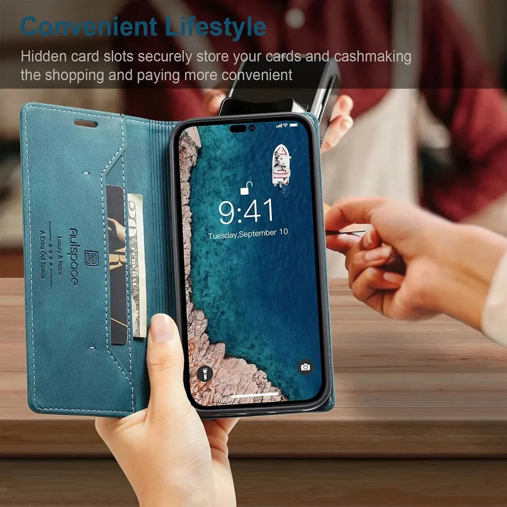 RFID Blocking Retro Matte Leather Wallet Case for iPhone