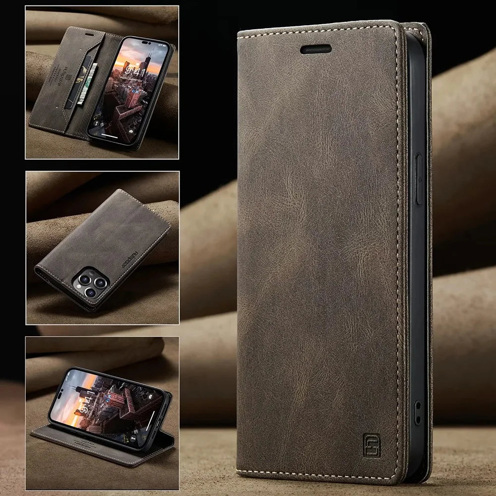 RFID Blocking Retro Matte Leather Wallet Case for iPhone