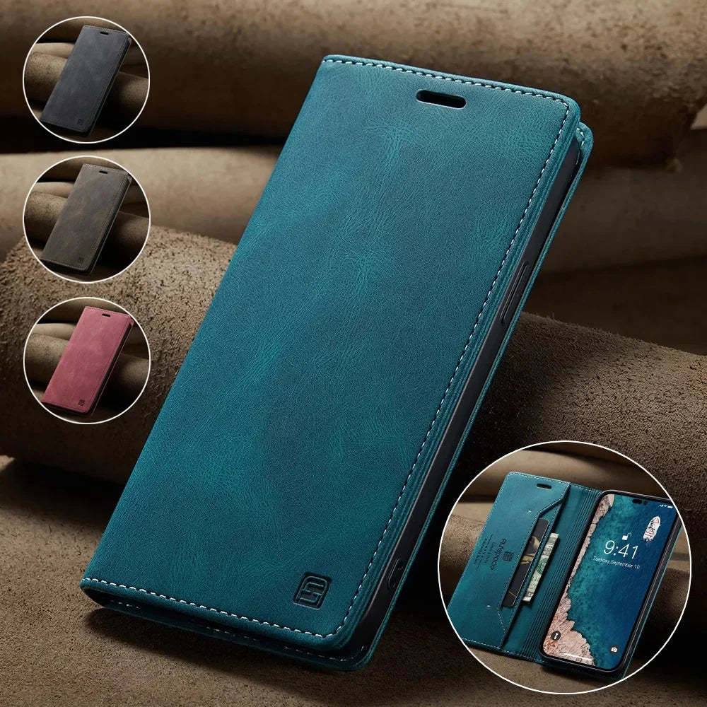 RFID Blocking Retro Matte Leather Wallet Case for iPhone