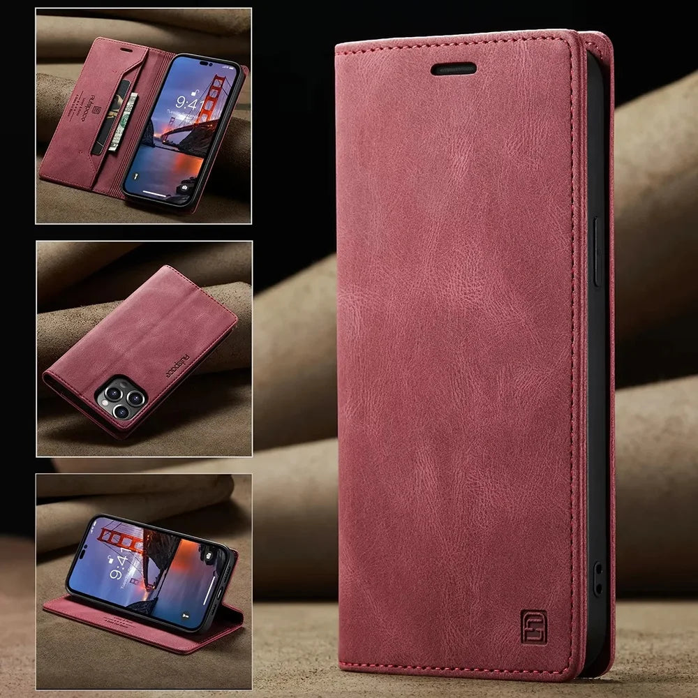 RFID Blocking Retro Matte Leather Wallet Case for iPhone